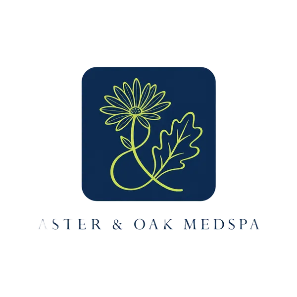 Square navy logo concept for Aster & Oak Medspa with a green aster flower and oak leaf