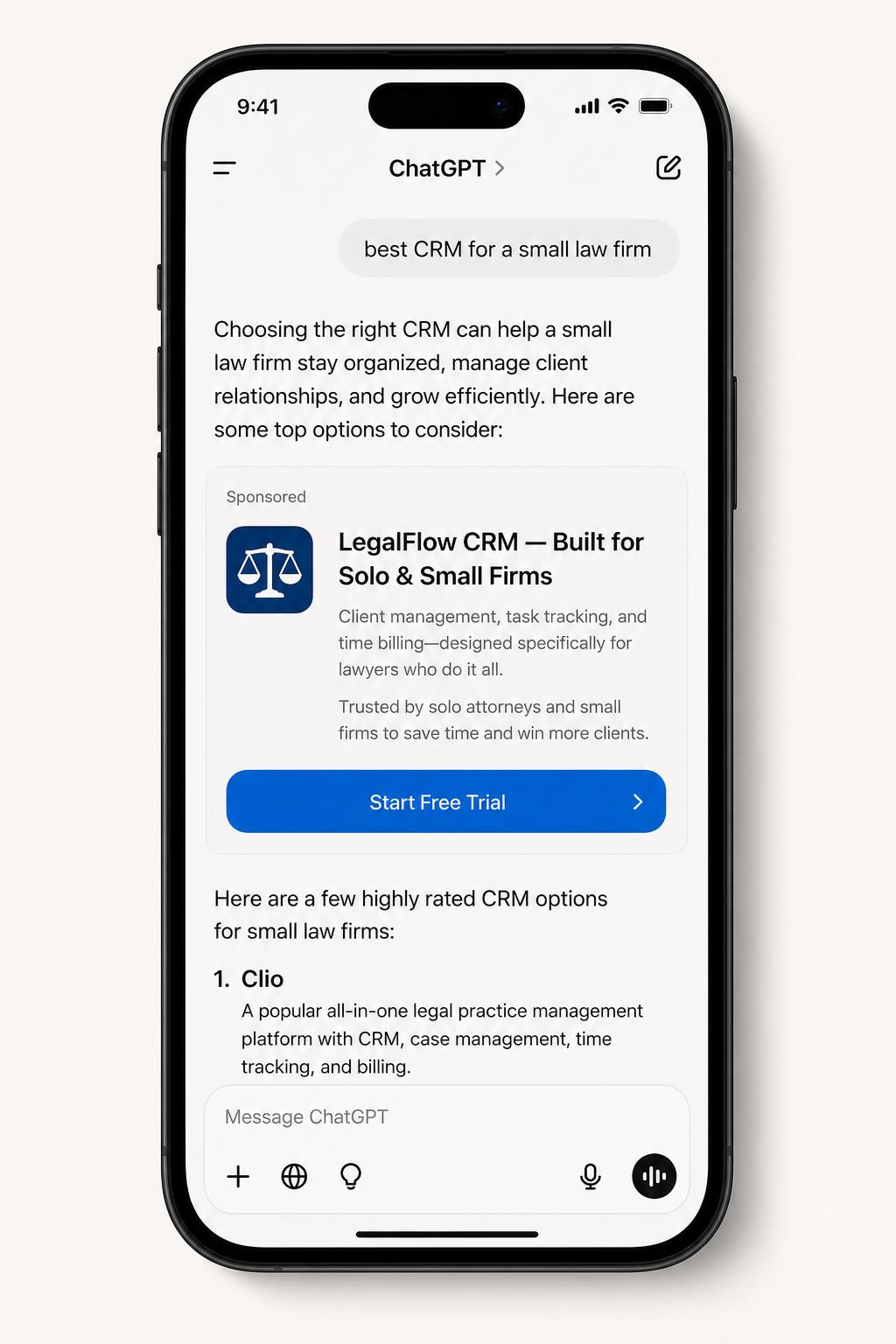 Example ChatGPT mobile app sponsored ad placement on iPhone for a legal CRM