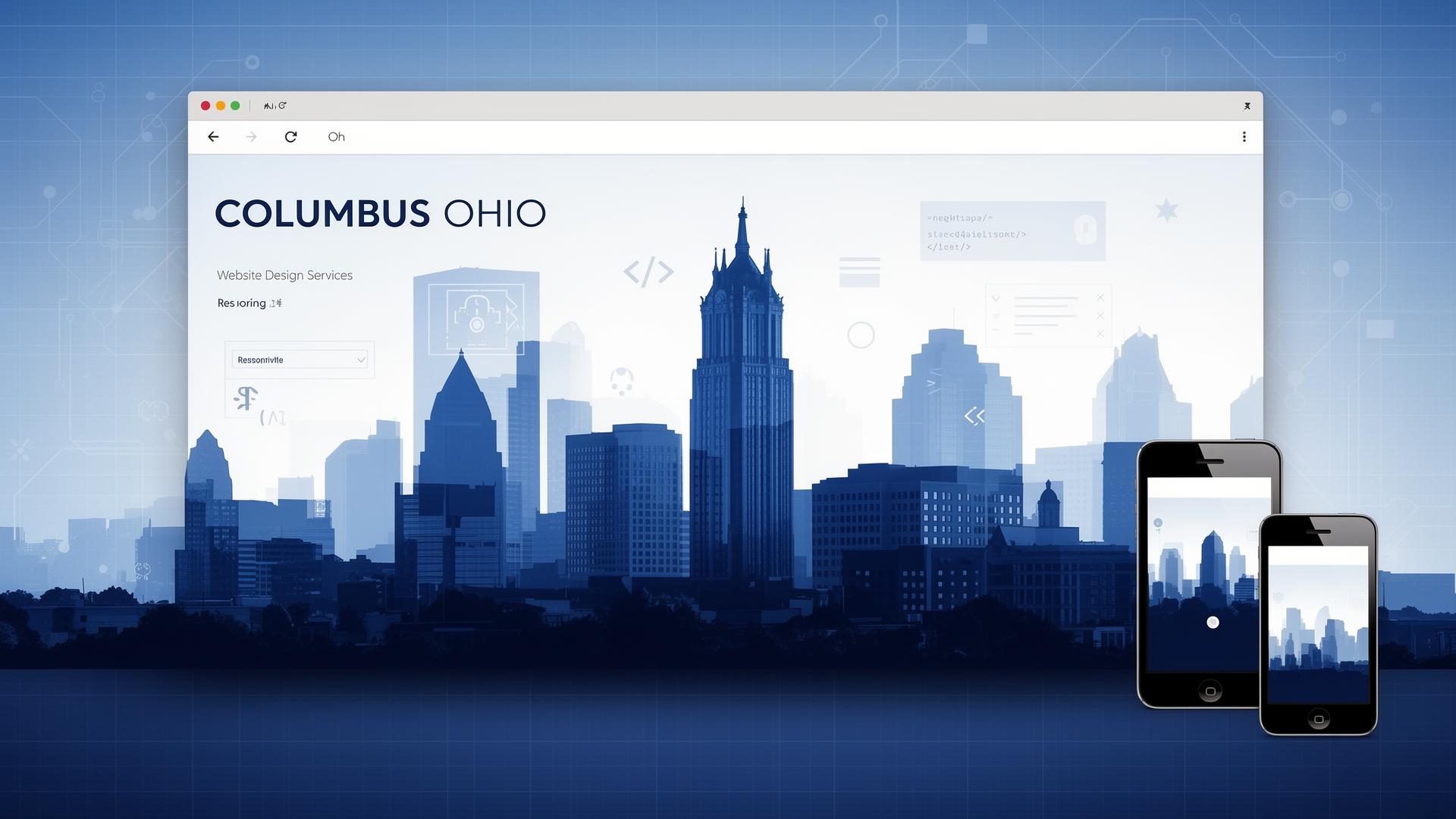 Columbus Ohio website design services showing responsive web design across desktop and mobile devices with Columbus skyline