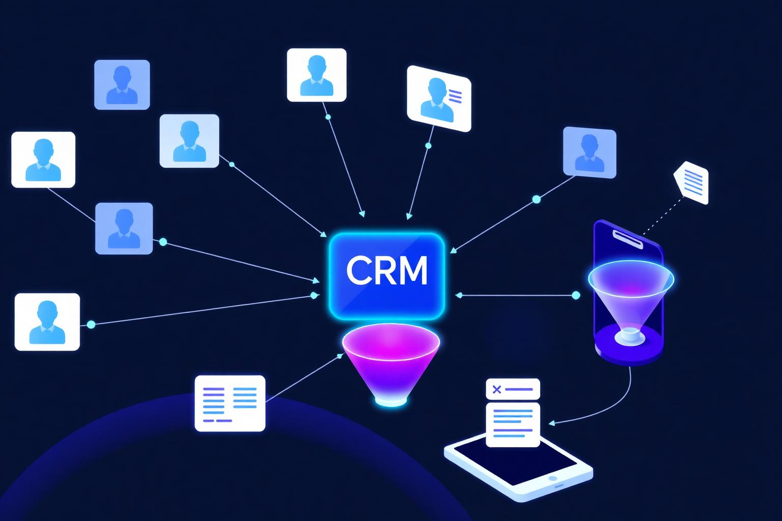 Illustration of leads, pipelines, and integrated apps flowing into a central CRM hub