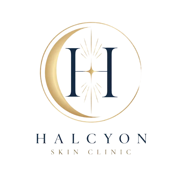 Circular logo concept for Halcyon Skin Clinic with a gold crescent and H monogram