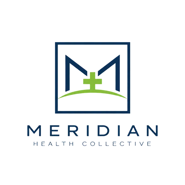 Square logo concept for Meridian Health Collective with an M, medical cross and horizon