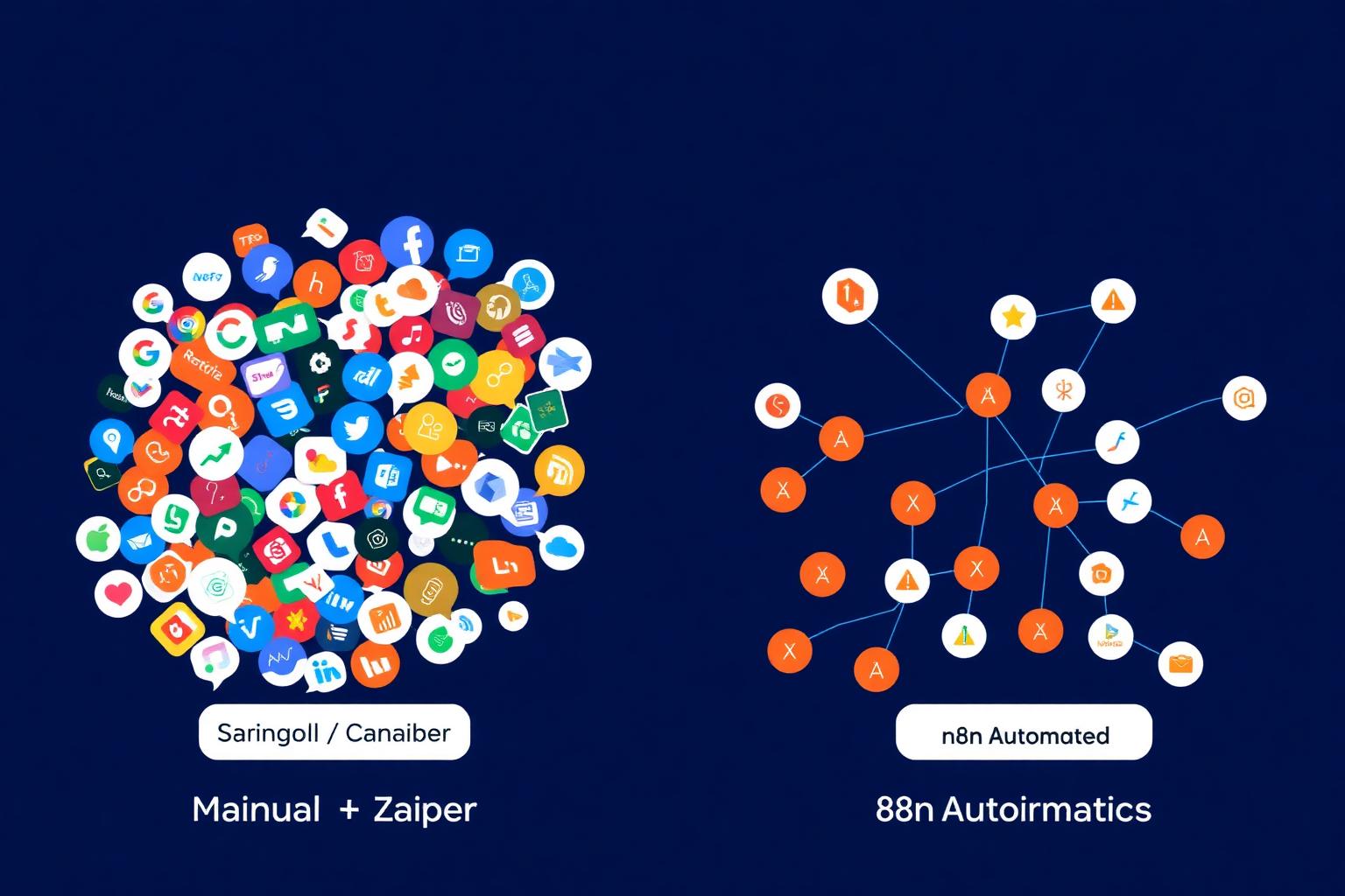 Side-by-side comparison of tangled SaaS automations versus a clean n8n workflow