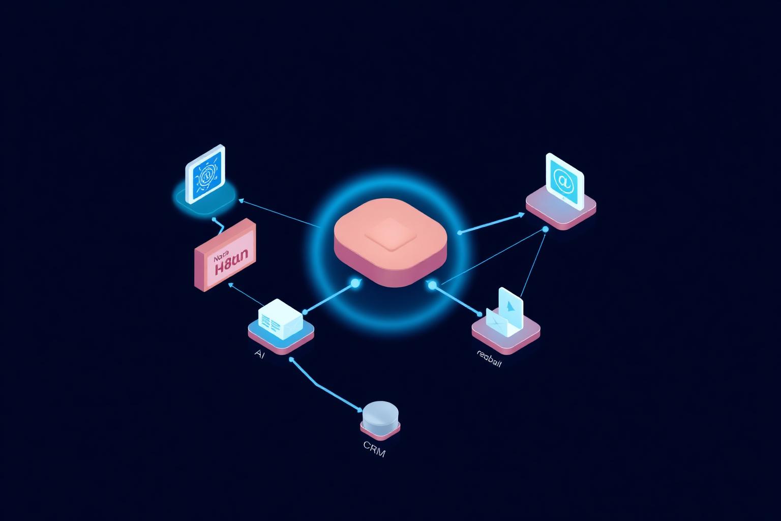Illustration of an n8n automation workflow connecting webhook, AI, database, email, and CRM nodes