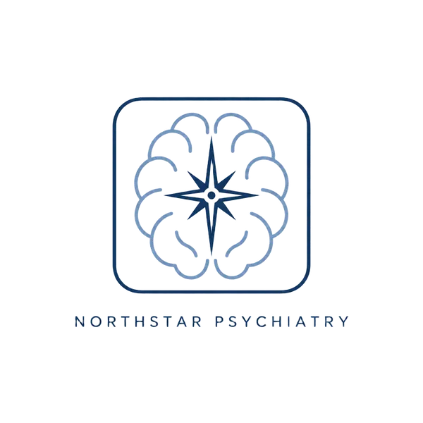 Square logo concept for Northstar Psychiatry with a compass star inside a brain outline