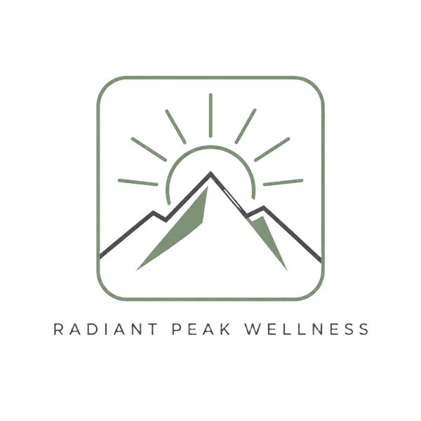 Square logo concept for Radiant Peak Wellness with a mountain peak and rising sun