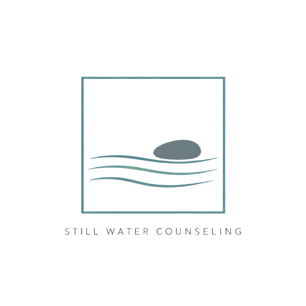 Square logo concept for Still Water Counseling with calm water lines and a stone