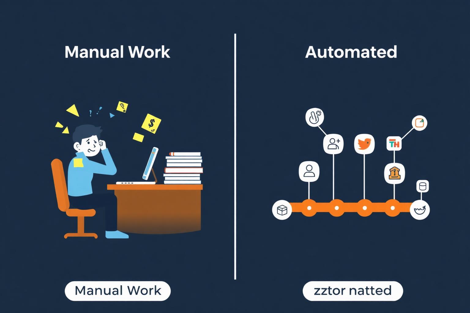 Side-by-side illustration of stressed manual work versus a clean automated Zapier pipeline