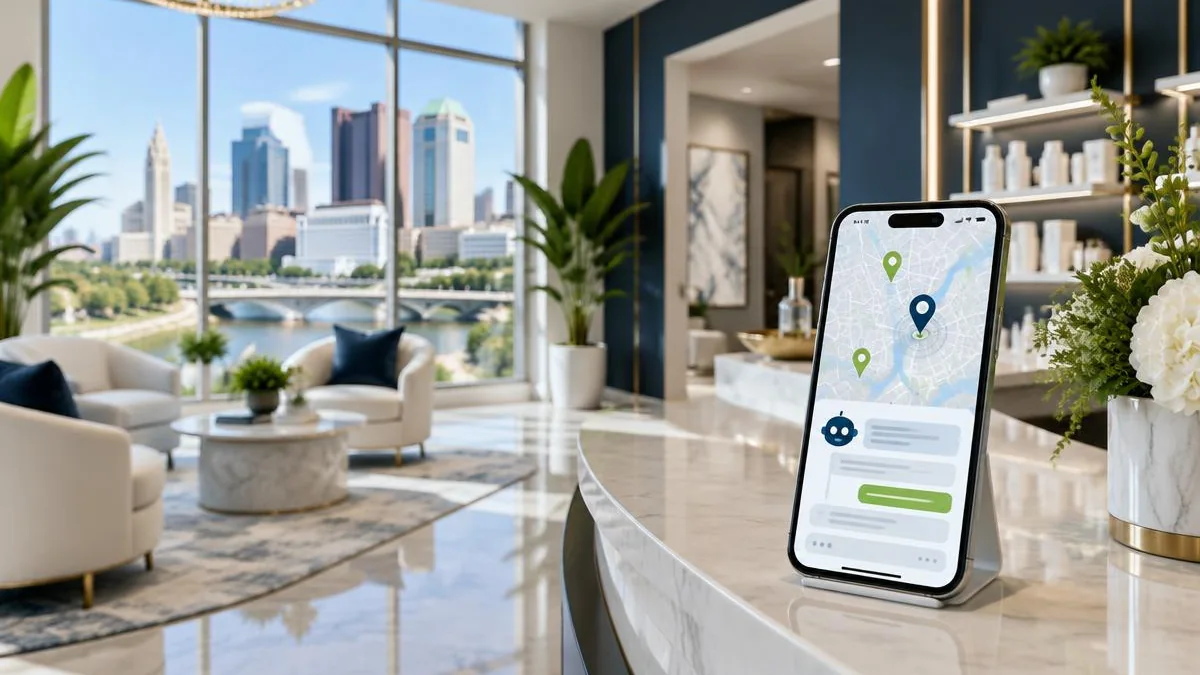 Columbus med spa local SEO and AEO strategy shown with a medical spa reception desk, Columbus Ohio skyline, map pins, and AI search interface.