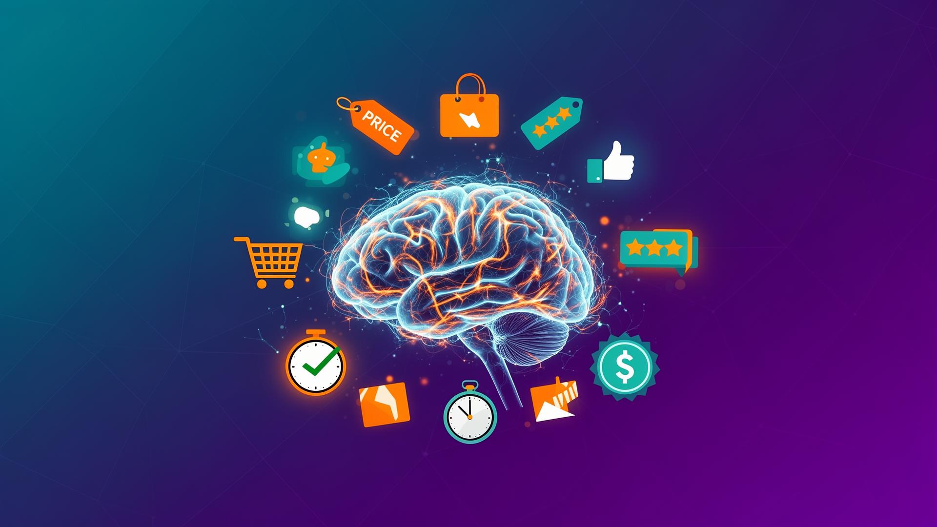 Brain surrounded by shopping and decision-making icons representing cognitive biases in purchasing behavior