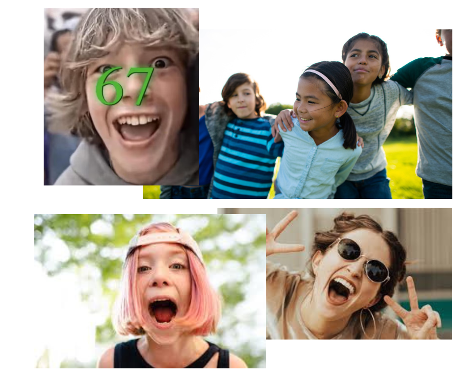 Gen Alpha signature poses showing playful expressions, gesture poses like peace signs, and high-energy movement