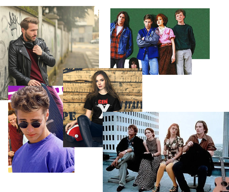 Gen X signature poses showing cool, understated stances with crossed arms, hands in pockets, and three-quarter turns