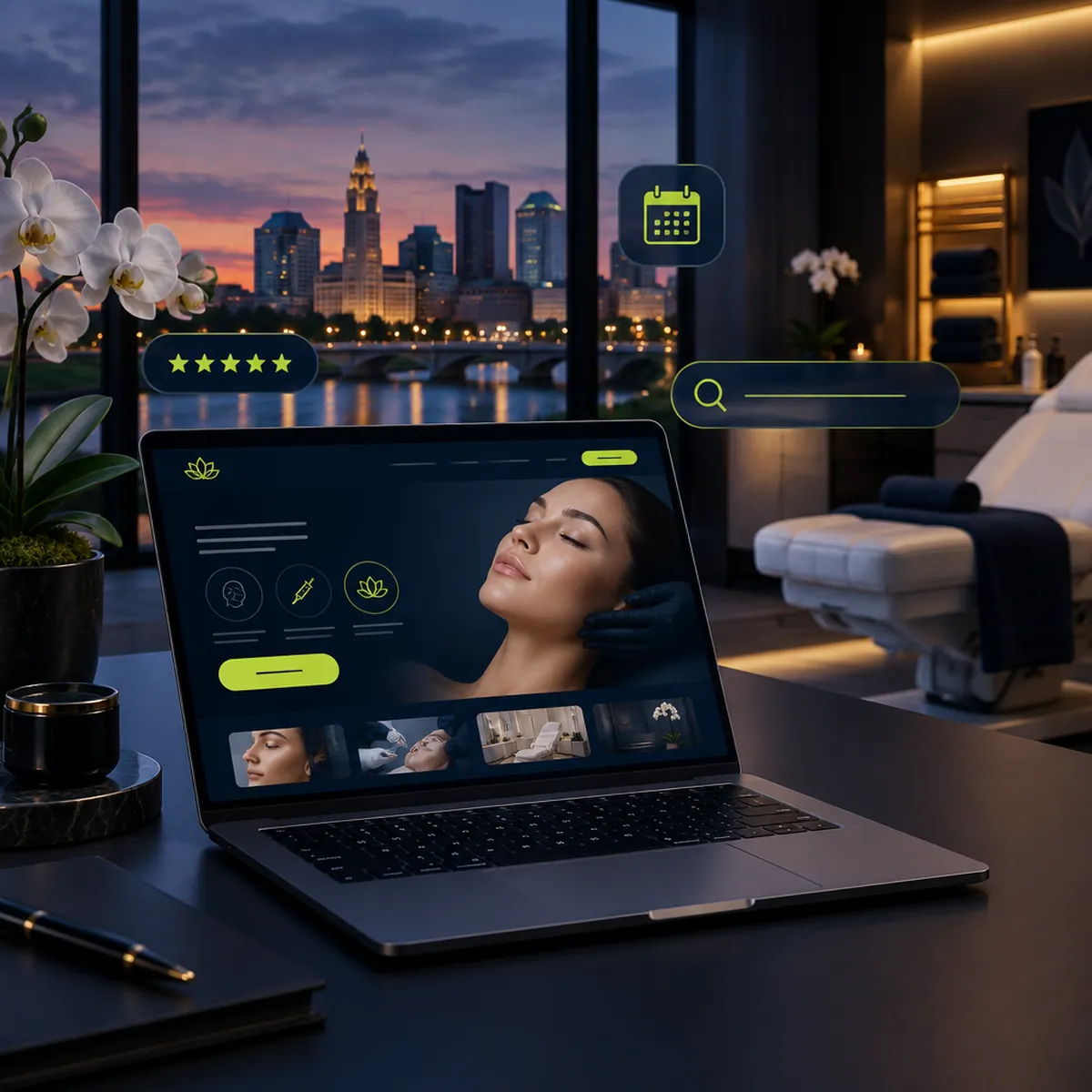 Med spa website design for Columbus, Ohio aesthetic practices shown on a laptop in a modern treatment room with the Columbus skyline and green booking and review elements.