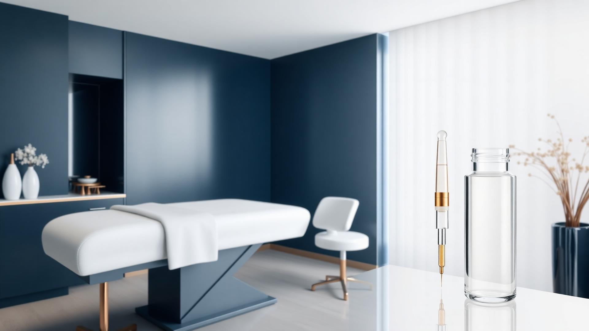 Modern med spa treatment room with a treatment chair and glass vials, representing the changing medical aesthetics market.