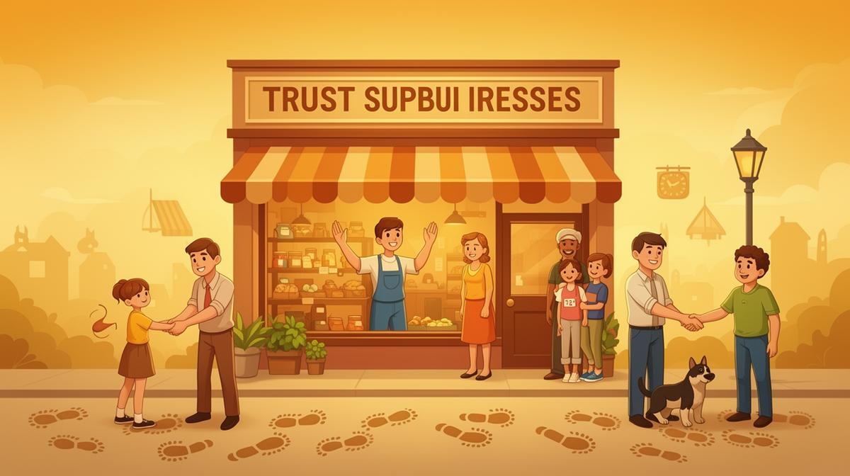 Warm illustration of a local business storefront with community members, handshakes, and trust-building elements