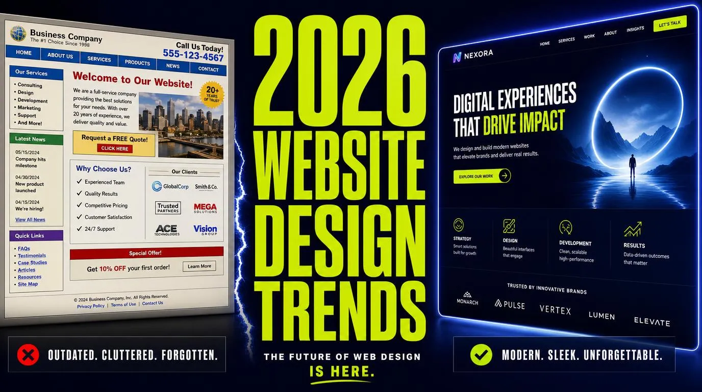Modern 2026 website design trends collage — kinetic typography, dark mode, organic shapes, and accessibility-first layouts on a fast React-based site built by The Real Social Company.
