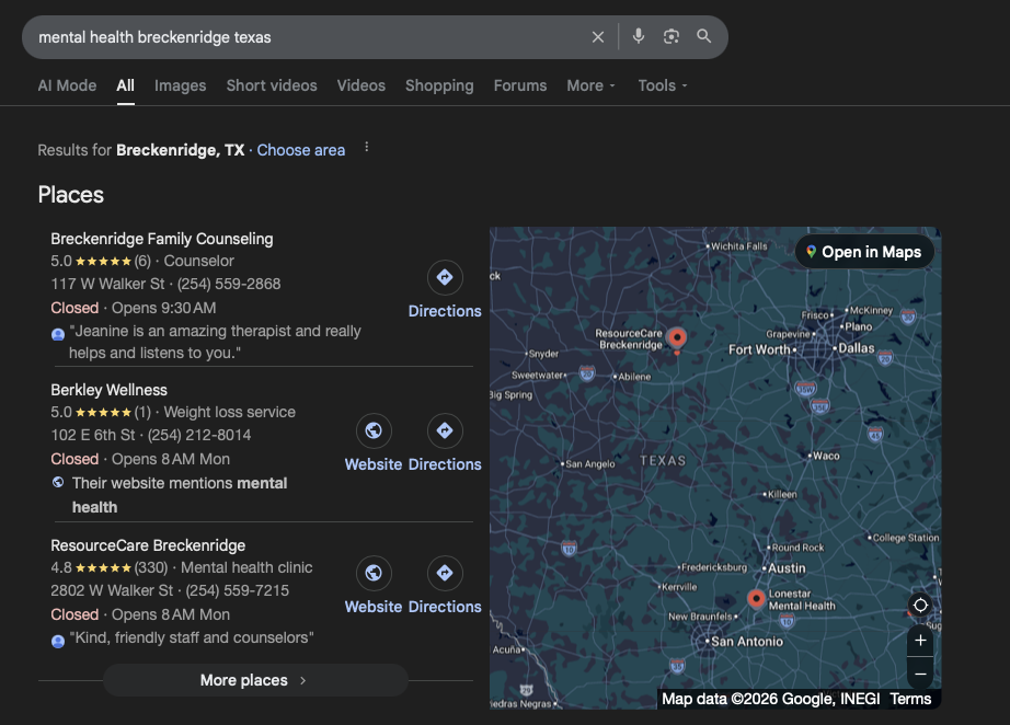 Mental Health Breckenridge TX ranking screenshot