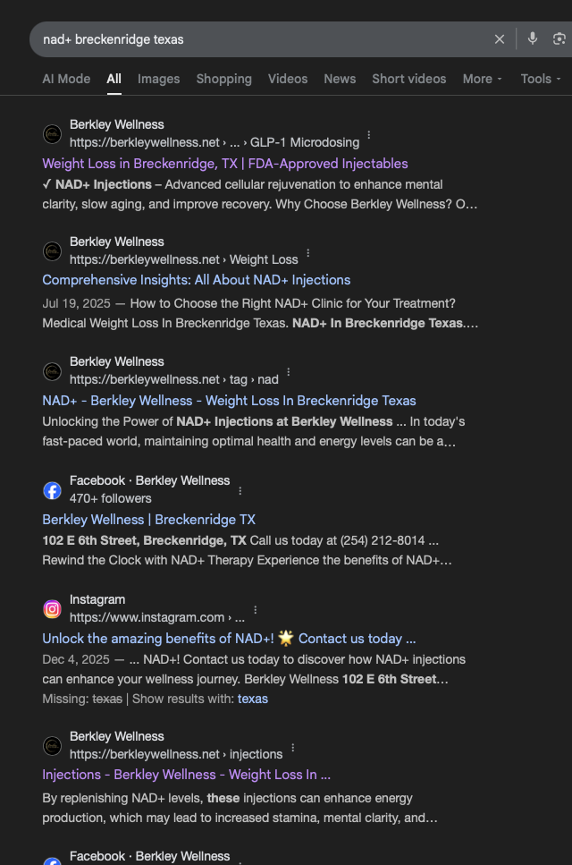 NAD+ Breckenridge TX ranking screenshot