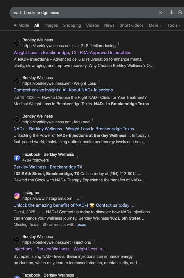 NAD+ Breckenridge TX ranking screenshot