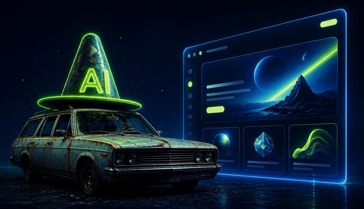 The 2026 Guide to Leaving WordPress Behind — a rusted station wagon wearing a neon AI hat beside a sleek modern React website interface.