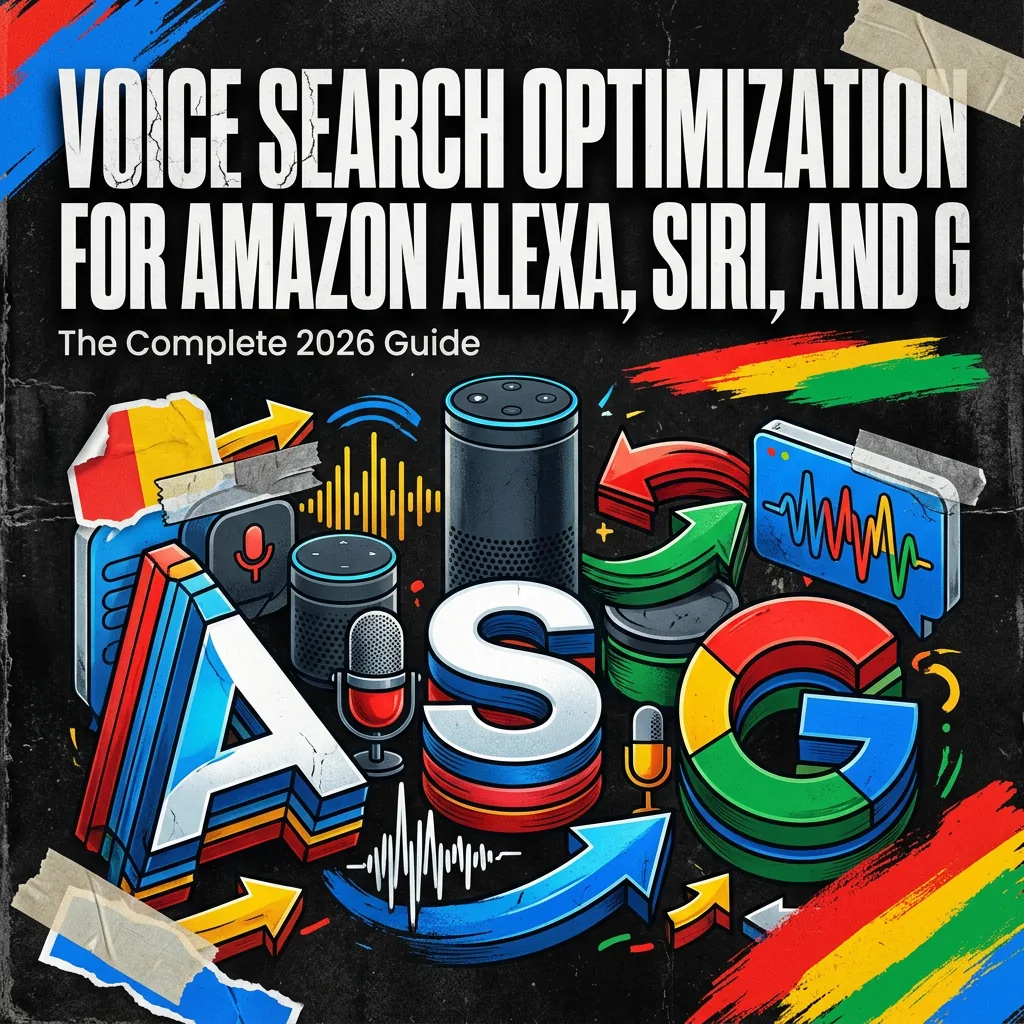 Voice Search Optimization for Amazon Alexa, Siri, and Google Assistant: The Complete 2026 Guide — vivid editorial cover from The Real Social Company.