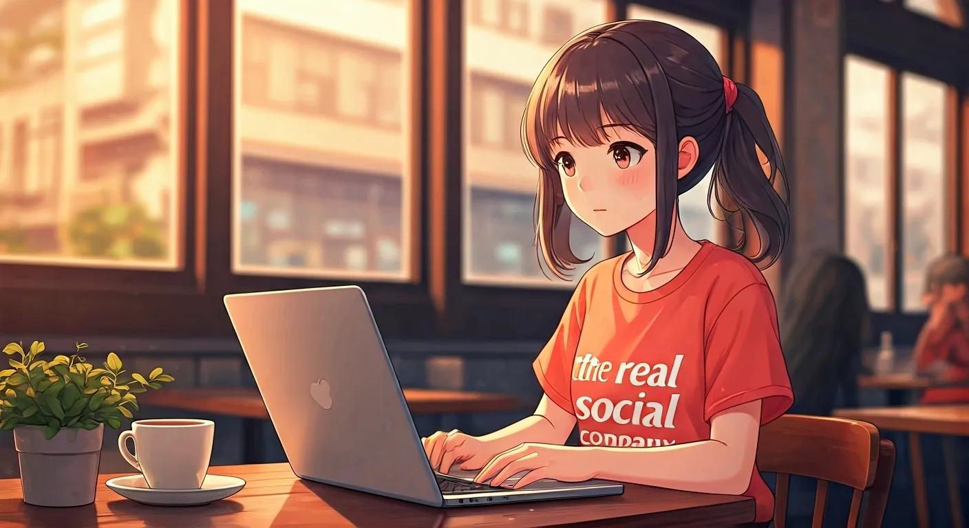 a vibrant anime-style image captures a young girl in a bustling coffee shop, focused intently on her laptop as she navigates the process of requesting a customized quote, her t-shirt boldly displaying - The Real Social Company - Social Media Managment - Web Design a vibrant anime-style image captures a young girl in a bustling coffee shop, focused intently on her laptop as she navigates the process of requesting a customized quote, her t-shirt boldly displaying
