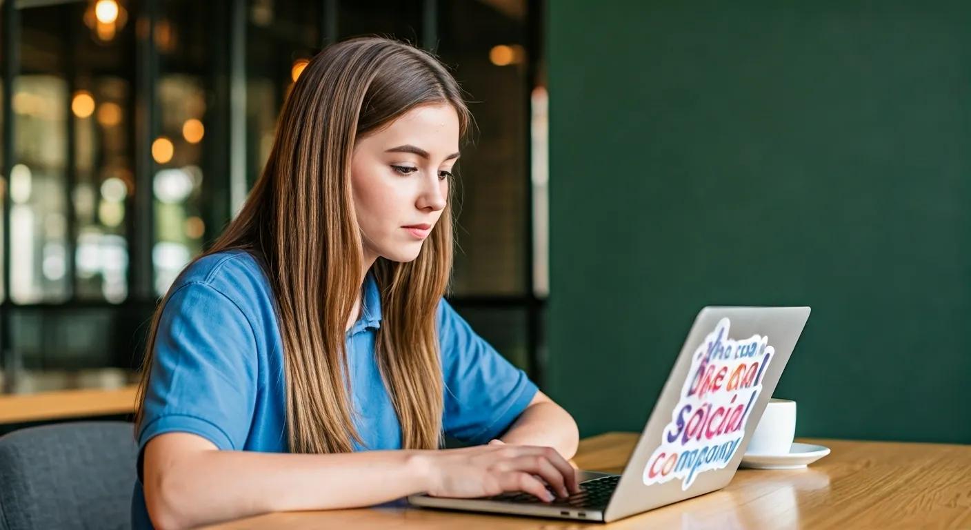 a focused anime-style girl sits at a modern coffee shop table, intently working on her laptop adorned with a vibrant sticker that reads - The Real Social Company - Social Media Managment - Web Design a focused anime-style girl sits at a modern coffee shop table, intently working on her laptop adorned with a vibrant sticker that reads