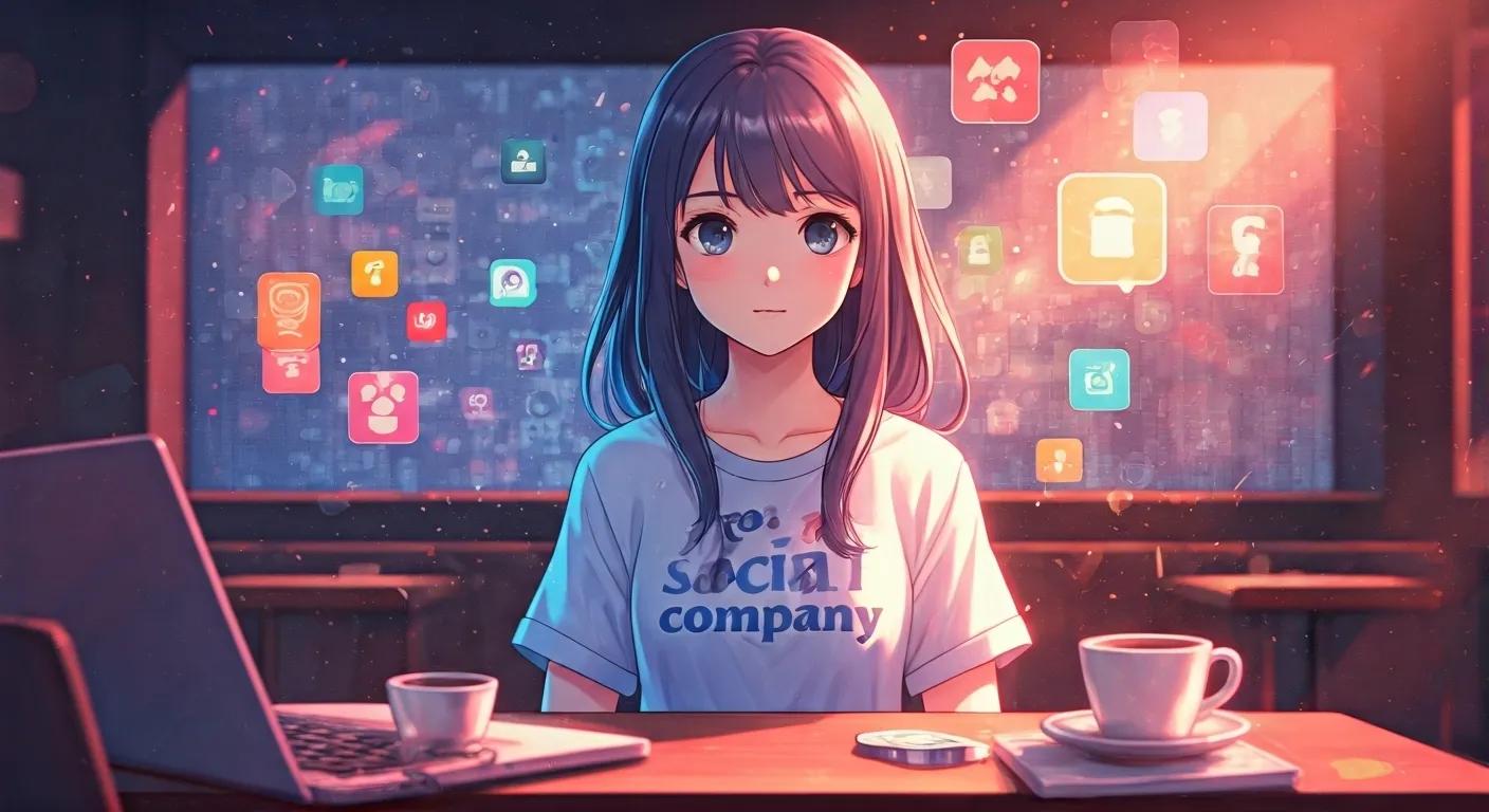 a vibrant anime-style scene of a girl in a bustling coffee shop, intently focused on her laptop, surrounded by social media icons and digital analytics, wearing a shirt that boldly states - The Real Social Company - Columbus Web Design, SEO, Social a vibrant anime-style scene of a girl in a bustling coffee shop, intently focused on her laptop, surrounded by social media icons and digital analytics, wearing a shirt that boldly states