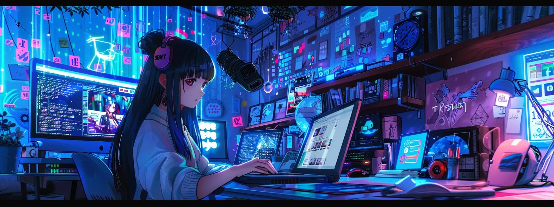 a dynamic anime-style scene featuring a focused female character working intently on a sleek laptop, surrounded by vibrant digital elements representing website design and social media, in a modern, stylish home office setting. - The Real Social Company - Columbus Web Design, SEO, Social a dynamic anime-style scene featuring a focused female character working intently on a sleek laptop, surrounded by vibrant digital elements representing website design and social media, in a modern, stylish home office setting.