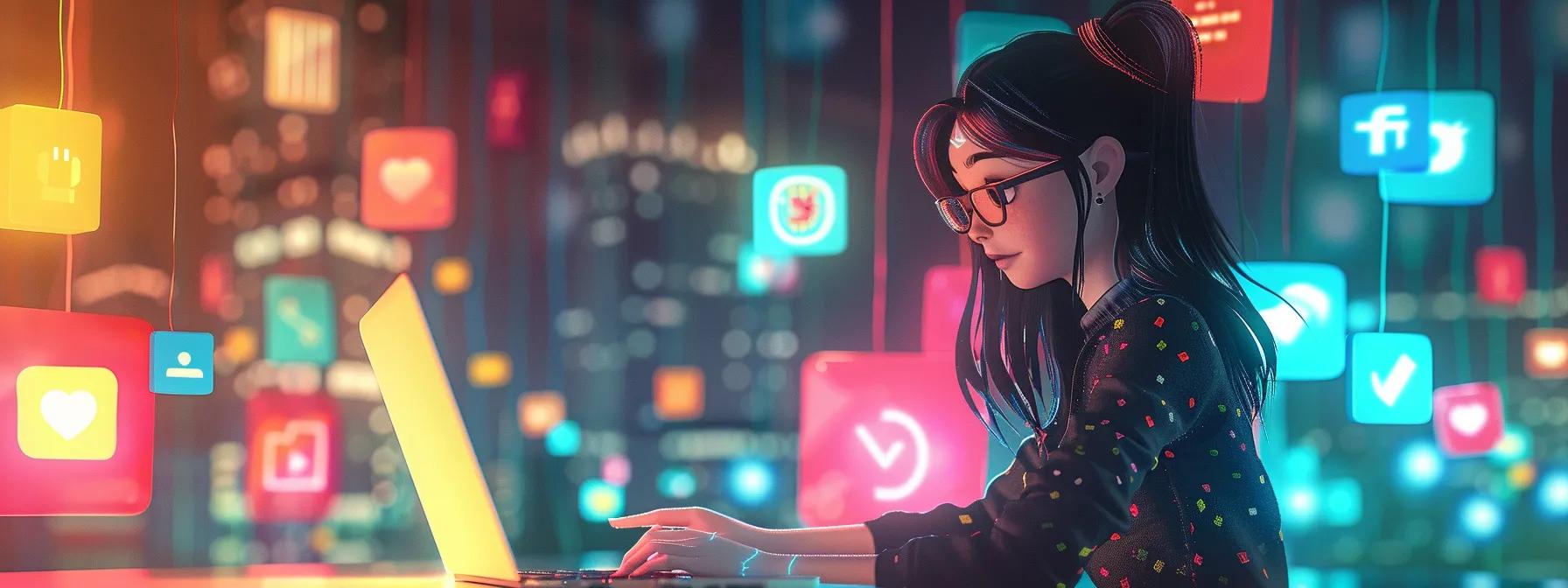 a dynamic anime-style scene features a focused female character immersed in her laptop, surrounded by vibrant digital icons representing social media, as she skillfully designs a website, embodying the essence of effective social media management in a modern office environment. - The Real Social Company - Columbus Web Design, SEO, Social a dynamic anime-style scene features a focused female character immersed in her laptop, surrounded by vibrant digital icons representing social media, as she skillfully designs a website, embodying the essence of effective social media management in a modern office environment.