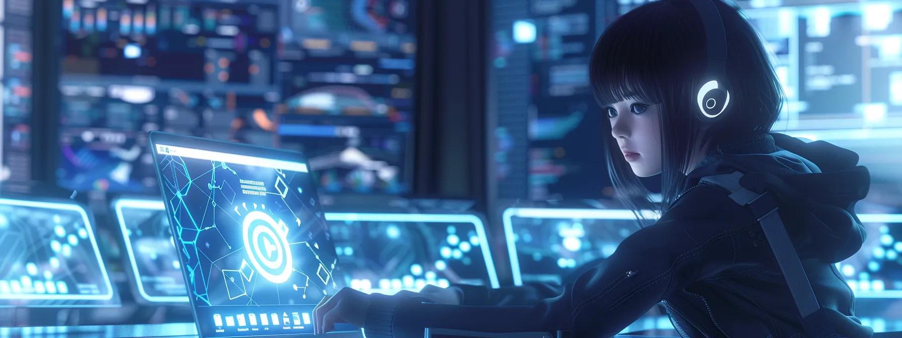 a dynamic anime-style female character focused on her laptop, surrounded by holographic screens displaying security analytics and website designs, set in a sleek modern office that embodies the importance of website maintenance and data protection. - The Real Social Company - Columbus Web Design, SEO, Social a dynamic anime-style female character focused on her laptop, surrounded by holographic screens displaying security analytics and website designs, set in a sleek modern office that embodies the importance of website maintenance and data protection.