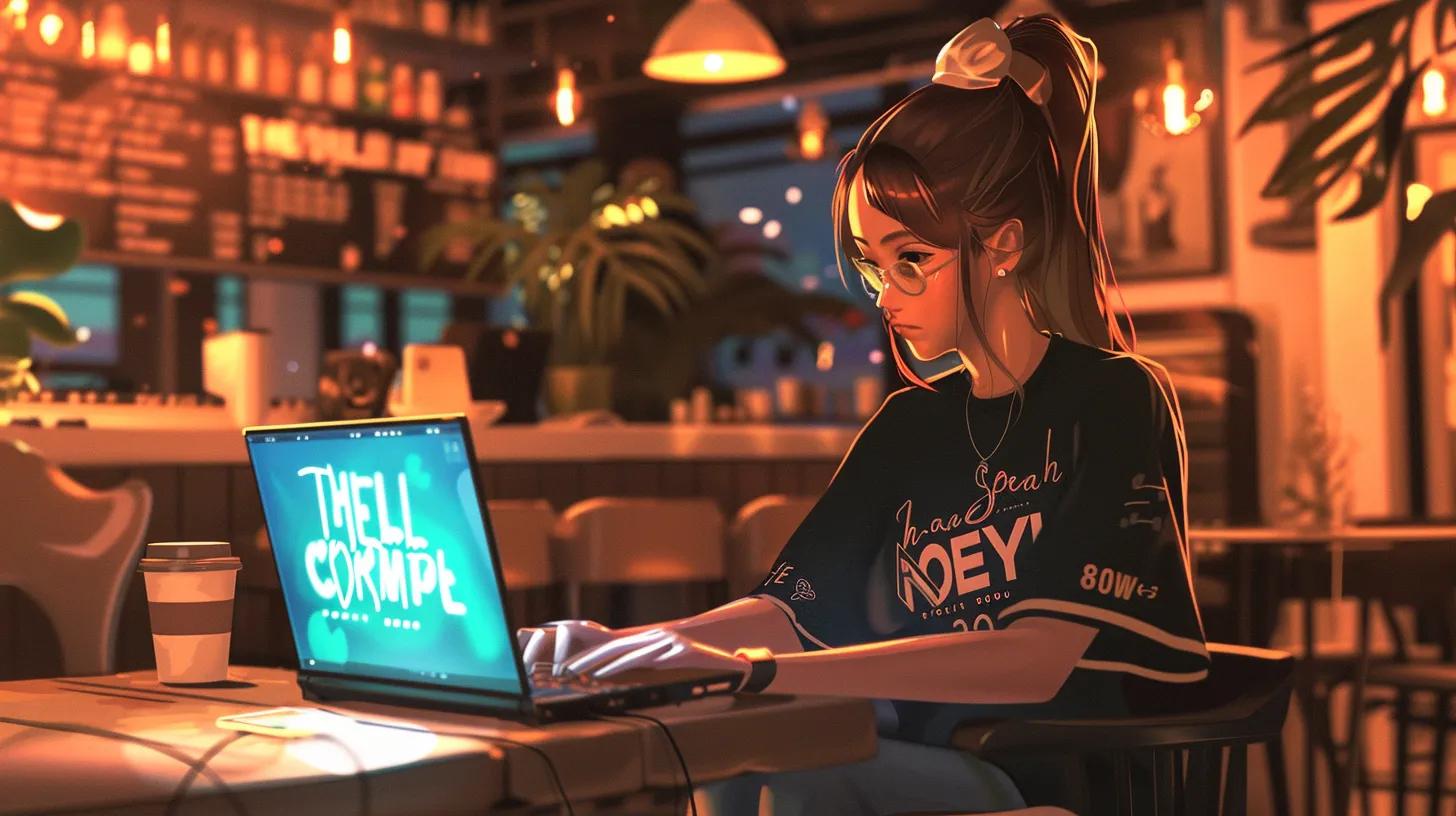 a dynamic anime-style illustration of a girl in a stylish coffee shop, intently working on her laptop with a vibrant screen displaying responsive design elements, while her t-shirt boldly reads - The Real Social Company - Social Media Managment - Web Design a dynamic anime-style illustration of a girl in a stylish coffee shop, intently working on her laptop with a vibrant screen displaying responsive design elements, while her t-shirt boldly reads