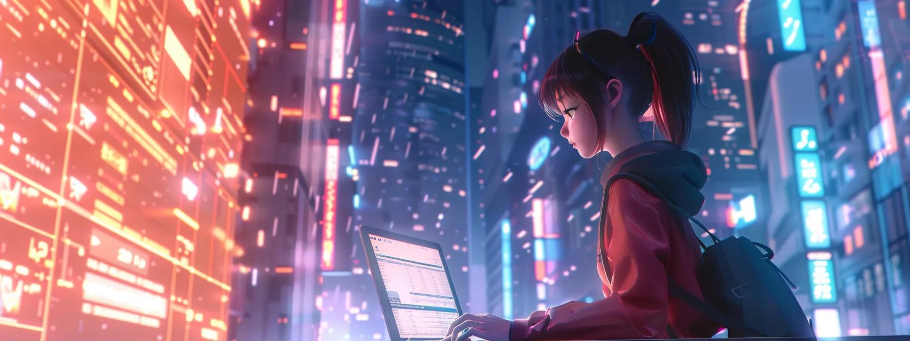 a dynamic anime-style scene featuring a focused female character immersed in website design on her laptop, surrounded by vibrant digital marketing visuals and analytical data projections in a sleek urban office setting.