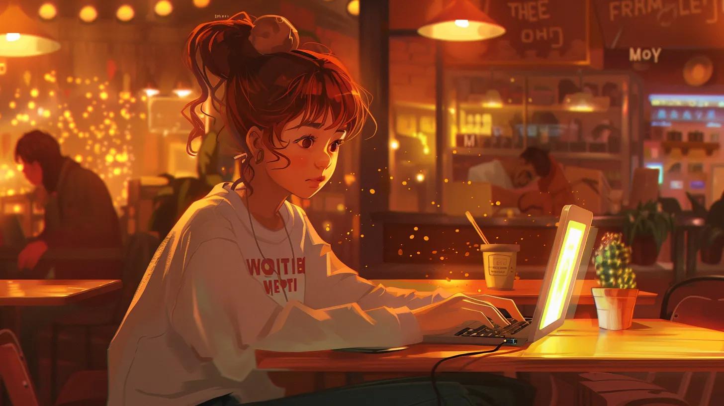 a focused anime-style girl immersed in her work at a cozy coffee shop, illuminated by warm ambient lighting, as she types intently on her laptop adorned with a shirt that proudly displays - The Real Social Company - Social Media Managment - Web Design a focused anime-style girl immersed in her work at a cozy coffee shop, illuminated by warm ambient lighting, as she types intently on her laptop adorned with a shirt that proudly displays