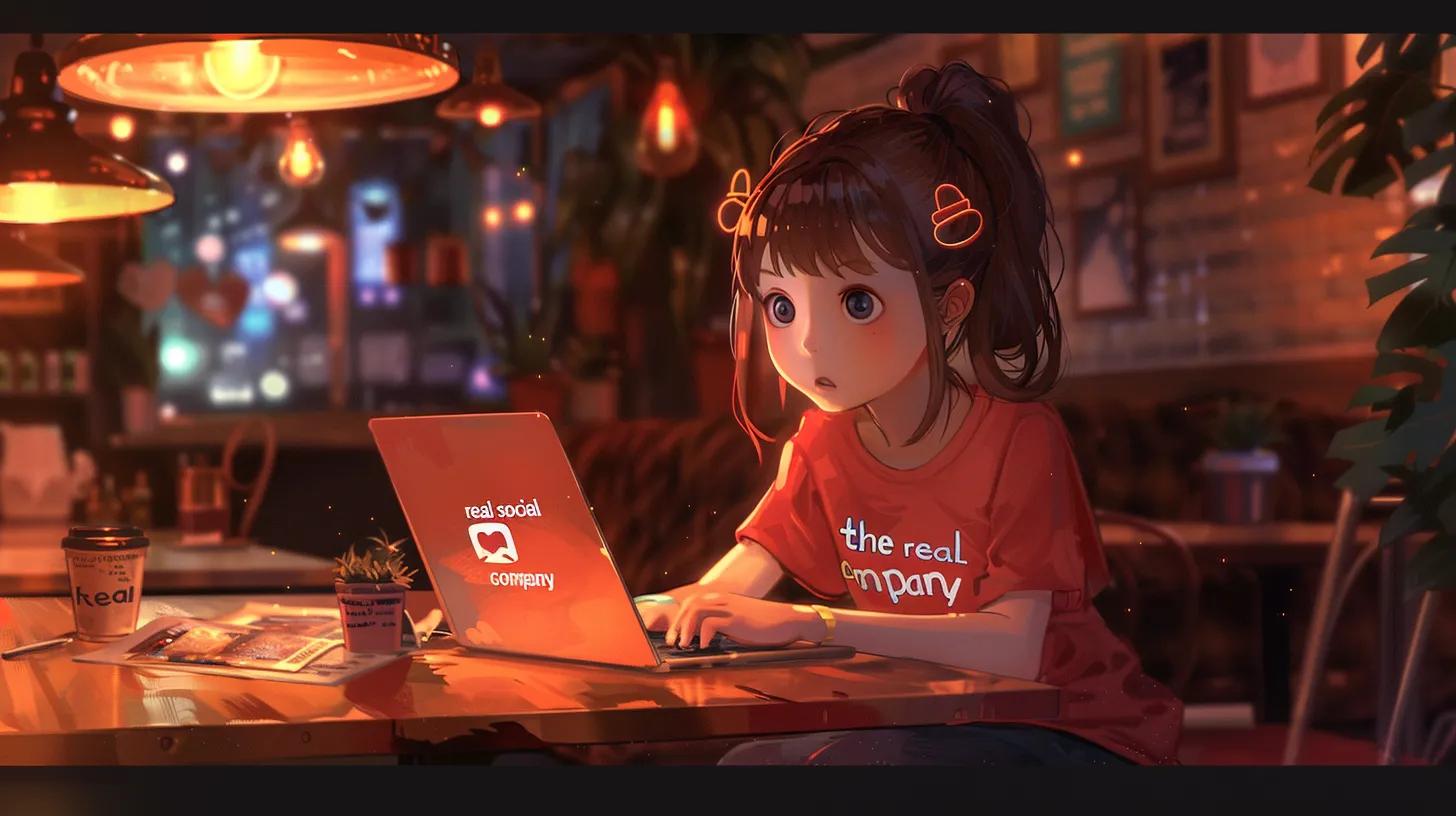 a focused anime-style girl sits at a cozy coffee shop table, intently analyzing social media metrics on her laptop, with her vibrant t-shirt reading - The Real Social Company - Columbus Web Design, SEO, Social a focused anime-style girl sits at a cozy coffee shop table, intently analyzing social media metrics on her laptop, with her vibrant t-shirt reading