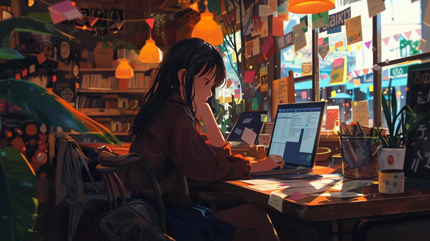 a focused anime-style girl sits at a trendy coffee shop, immersed in her laptop work, surrounded by colorful notes and a warm ambiance, embodying the spirit of digital content optimization for seo. - The Real Social Company - Social Media Managment - Web Design a focused anime-style girl sits at a trendy coffee shop, immersed in her laptop work, surrounded by colorful notes and a warm ambiance, embodying the spirit of digital content optimization for seo.