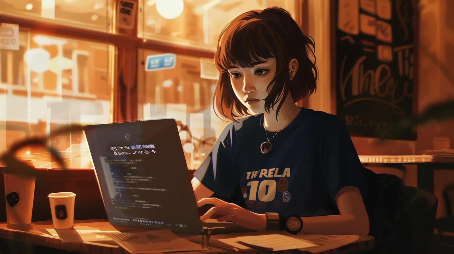 a focused anime-style girl in a trendy coffee shop intensely examines her laptop screen, surrounded by documentation and coffee cups, illustrating the complexity of understanding pricing and contract terms with her t-shirt boldly displaying - The Real Social Company - Columbus Web Design, SEO, Social a focused anime-style girl in a trendy coffee shop intensely examines her laptop screen, surrounded by documentation and coffee cups, illustrating the complexity of understanding pricing and contract terms with her t-shirt boldly displaying