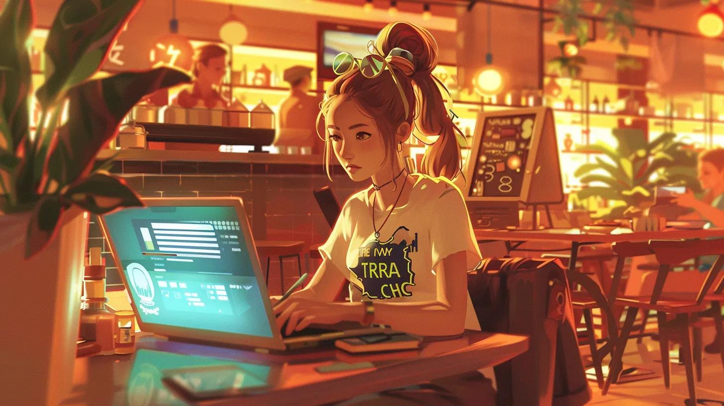 a focused anime-style girl in a vibrant coffee shop, intently working on her laptop adorned with on-screen elements representing keyword research, header tags, and seo structures, while her t-shirt boldly proclaims - The Real Social Company - Social Media Managment - Web Design a focused anime-style girl in a vibrant coffee shop, intently working on her laptop adorned with on-screen elements representing keyword research, header tags, and seo structures, while her t-shirt boldly proclaims