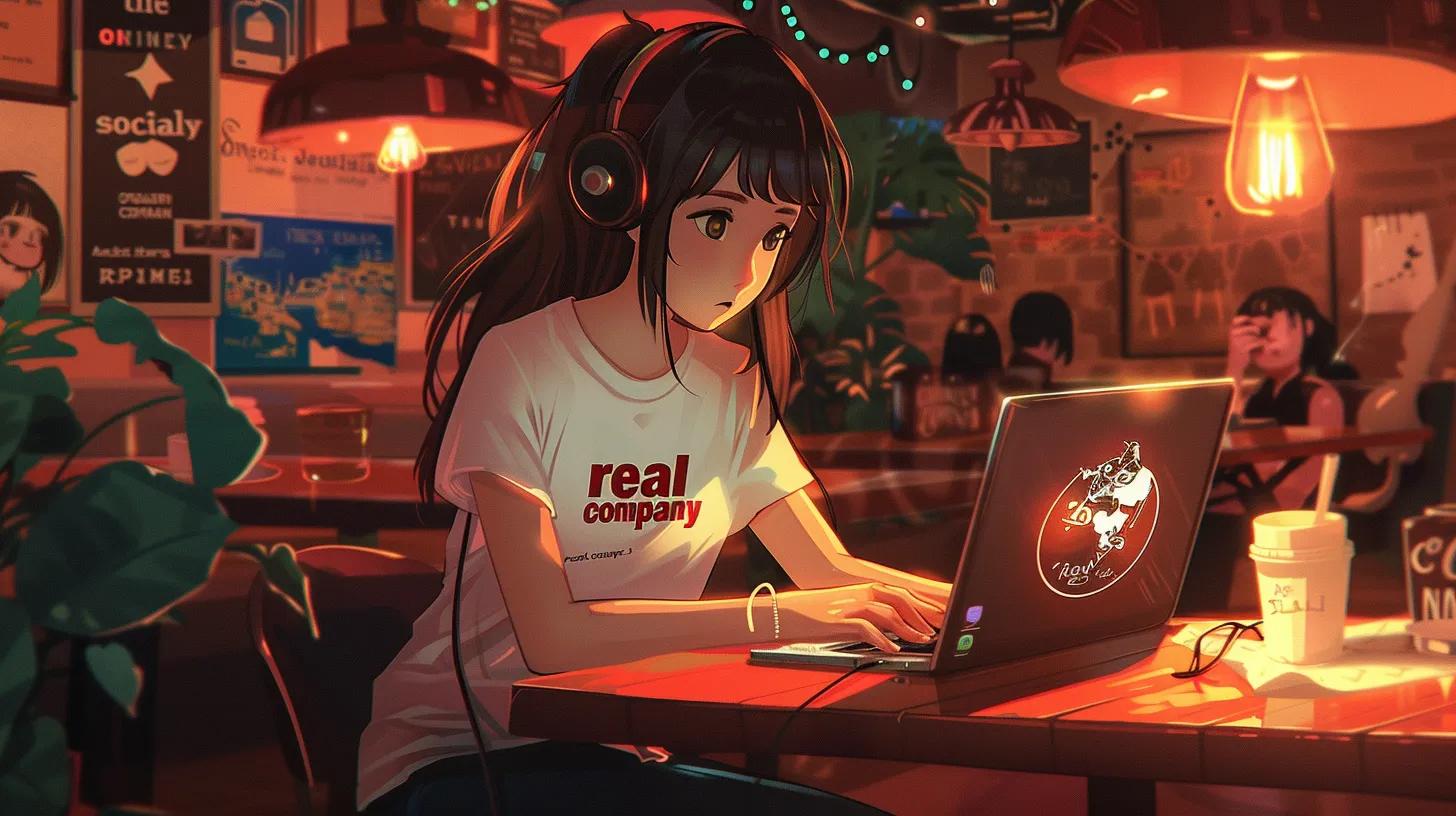 a focused anime-style girl in a cozy coffee shop diligently works on her laptop, surrounded by modern decor, with her t-shirt displaying the bold phrase - The Real Social Company - Social Media Managment - Web Design a focused anime-style girl in a cozy coffee shop diligently works on her laptop, surrounded by modern decor, with her t-shirt displaying the bold phrase