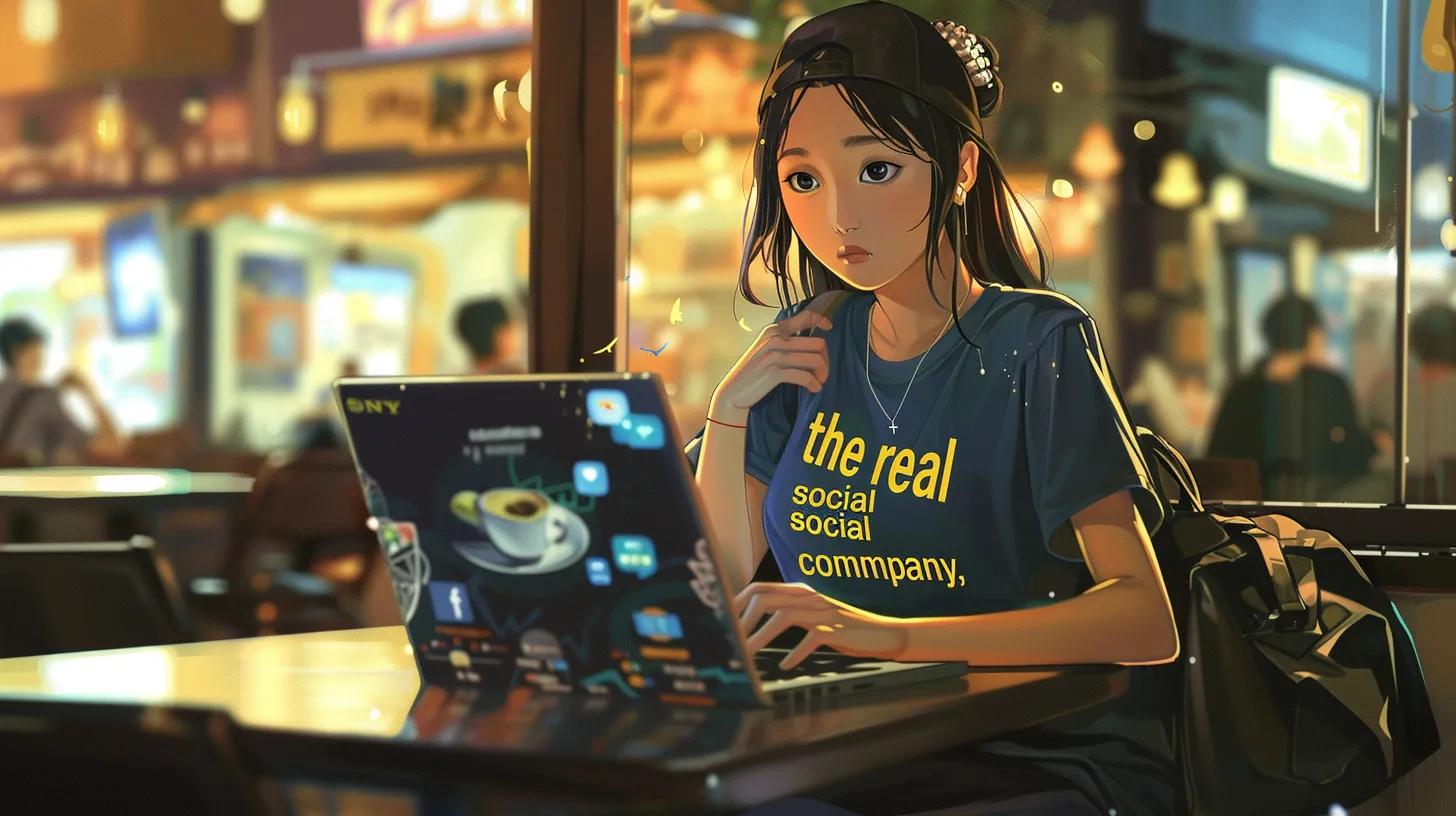a focused anime-style girl in a trendy coffee shop, intently working on her laptop with a vibrant t-shirt that reads - The Real Social Company - Social Media Managment - Web Design a focused anime-style girl in a trendy coffee shop, intently working on her laptop with a vibrant t-shirt that reads