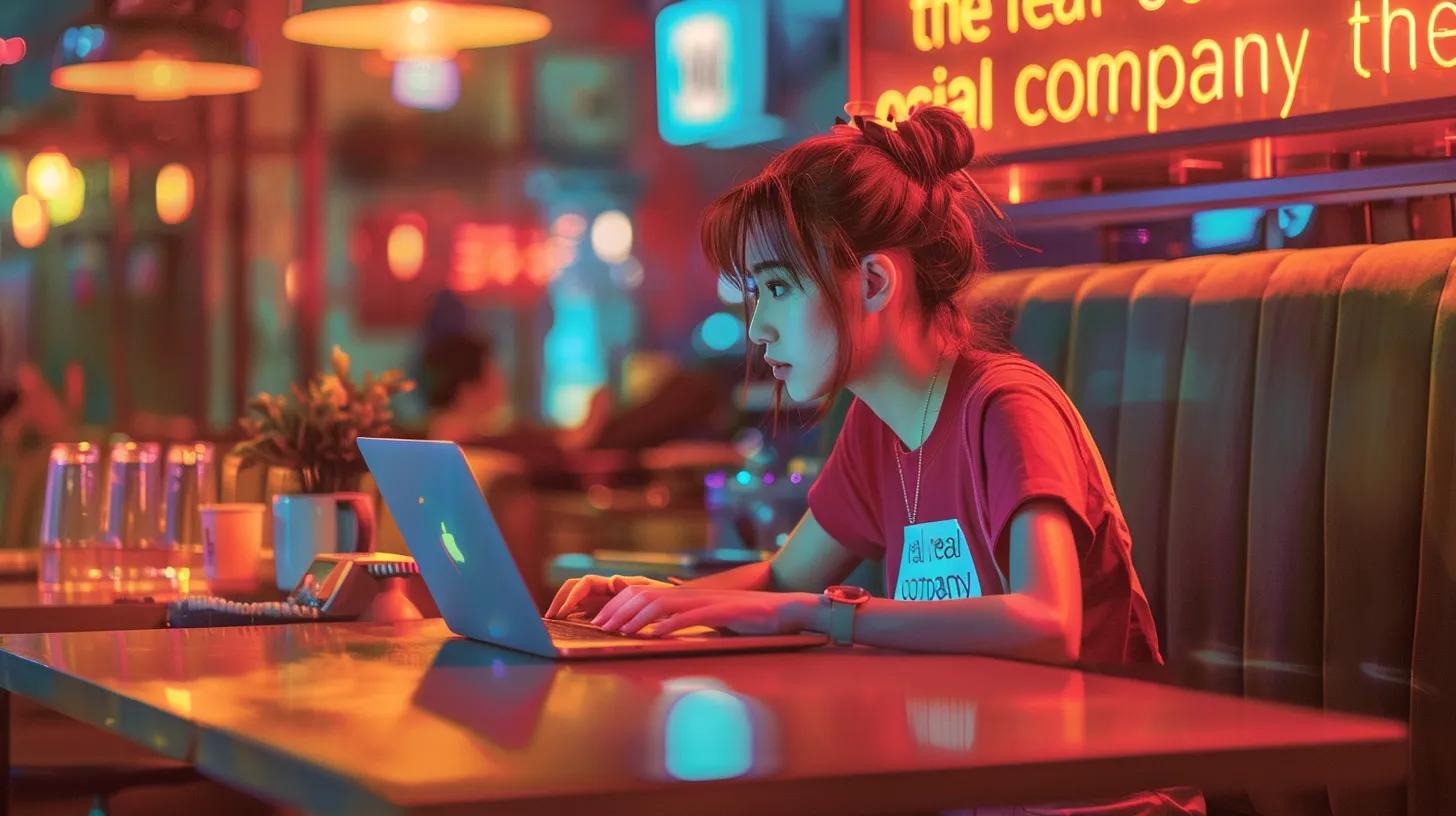 a focused anime-style girl in a vibrant coffee shop, intently working on her laptop with the logo - The Real Social Company - Columbus Web Design, SEO, Social a focused anime-style girl in a vibrant coffee shop, intently working on her laptop with the logo