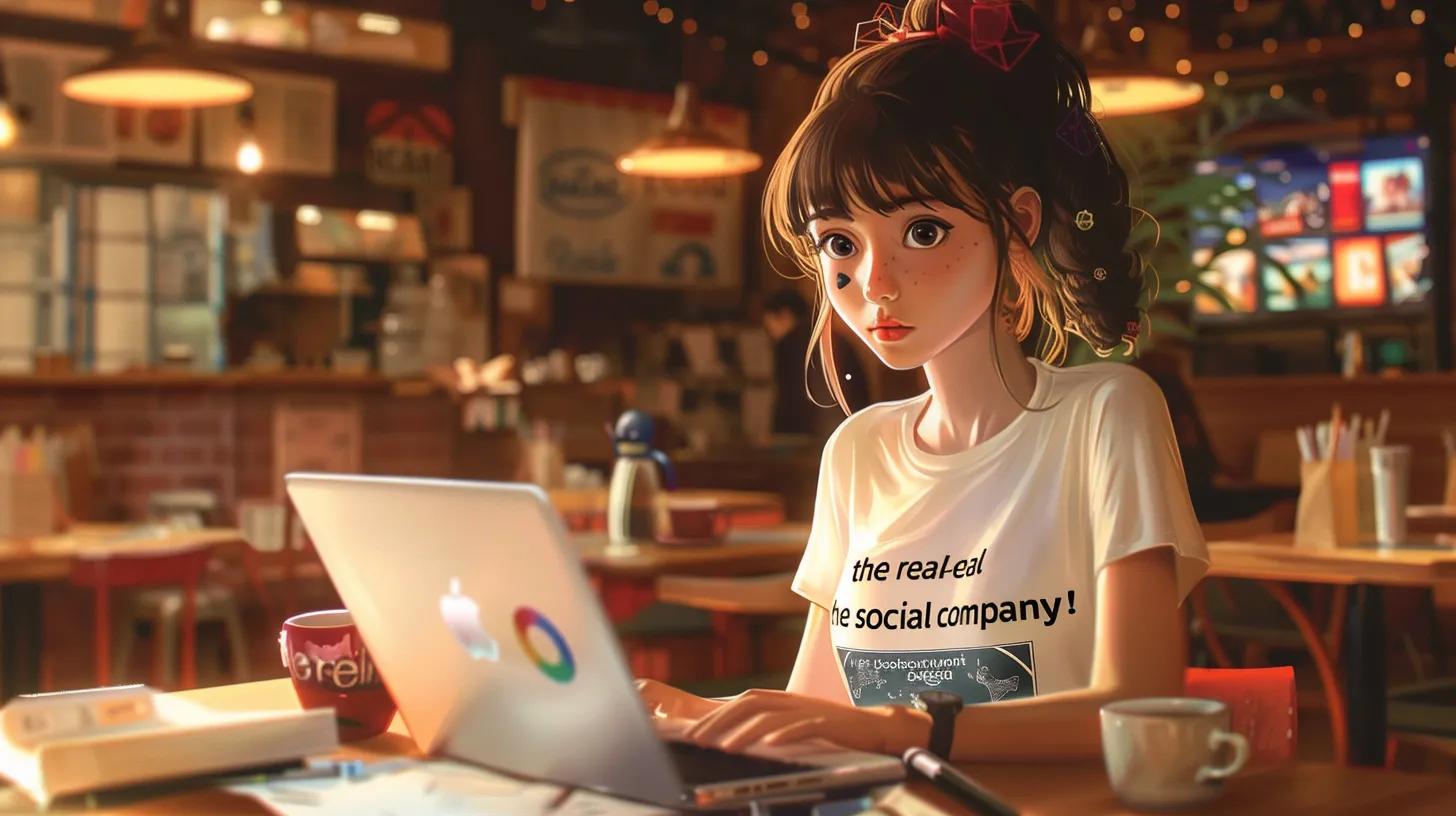 a focused anime-style girl in a vibrant coffee shop, intensely working on her laptop adorned with a stylish t-shirt that reads - The Real Social Company - Social Media Managment - Web Design a focused anime-style girl in a vibrant coffee shop, intensely working on her laptop adorned with a stylish t-shirt that reads