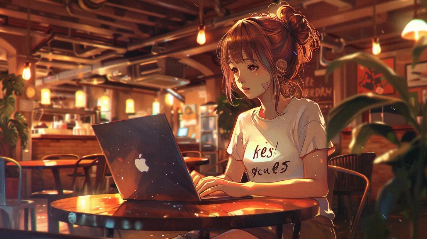 a focused anime-style girl in a vibrant coffee shop, deeply engaged with her laptop, surrounded by sleek tech gadgets, embodies the essence of mobile-friendly web design as her shirt boldly displays - The Real Social Company - Social Media Managment - Web Design a focused anime-style girl in a vibrant coffee shop, deeply engaged with her laptop, surrounded by sleek tech gadgets, embodies the essence of mobile-friendly web design as her shirt boldly displays