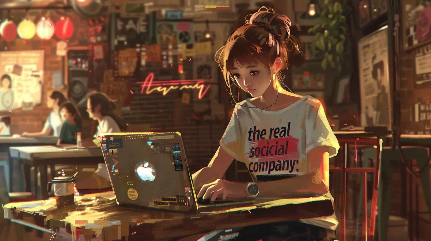 a focused anime-style girl in a bustling coffee shop, intensely working on a laptop adorned with a vibrant t-shirt that reads - The Real Social Company - Social Media Managment - Web Design a focused anime-style girl in a bustling coffee shop, intensely working on a laptop adorned with a vibrant t-shirt that reads