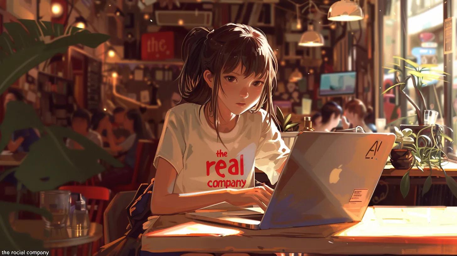 a focused anime-style girl wearing a t-shirt that reads - The Real Social Company - Social Media Managment - Web Design a focused anime-style girl wearing a t-shirt that reads