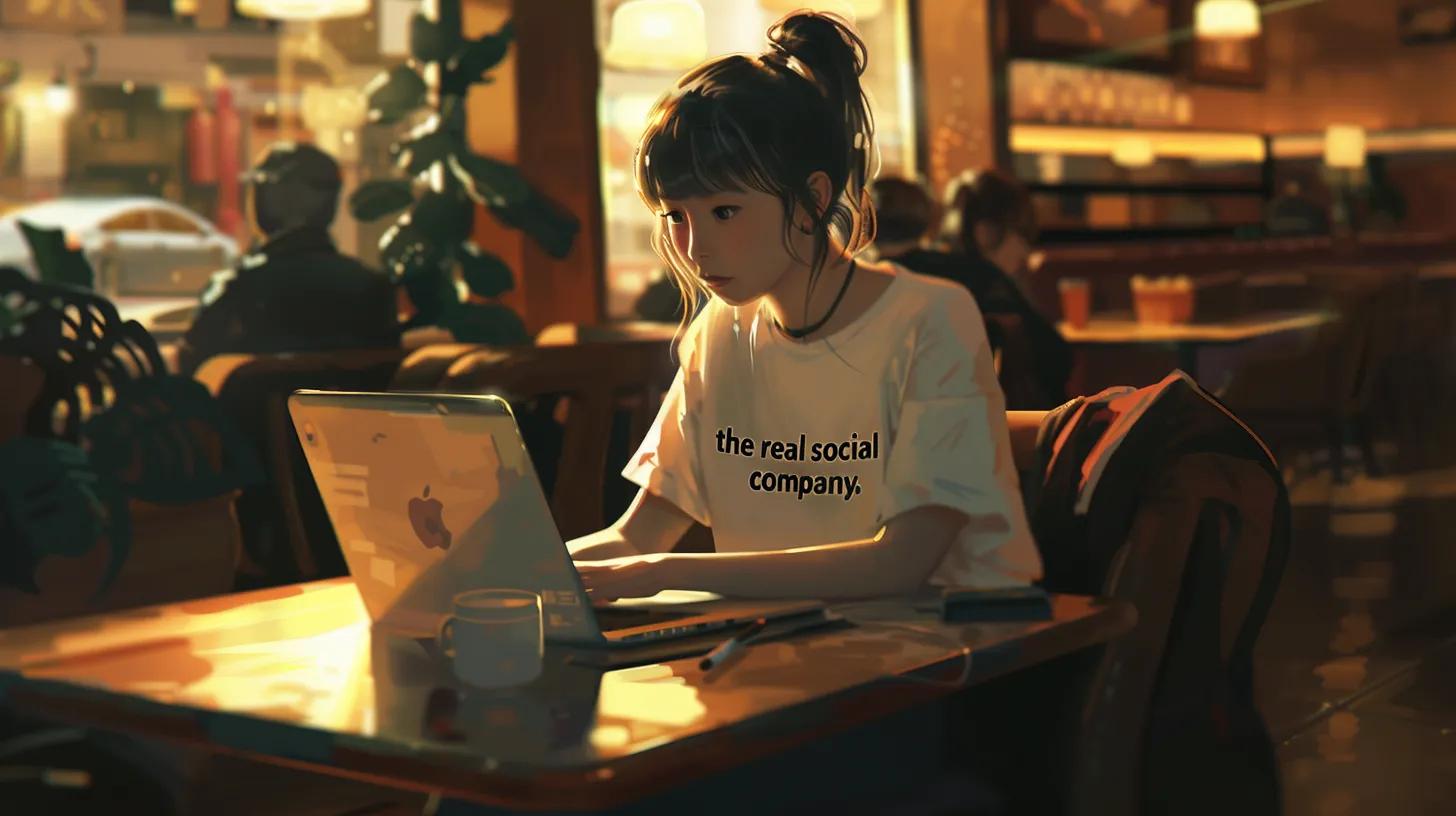 a focused anime-style girl at a chic coffee shop, absorbed in her laptop while wearing a t-shirt that reads - The Real Social Company - Social Media Managment - Web Design a focused anime-style girl at a chic coffee shop, absorbed in her laptop while wearing a t-shirt that reads
