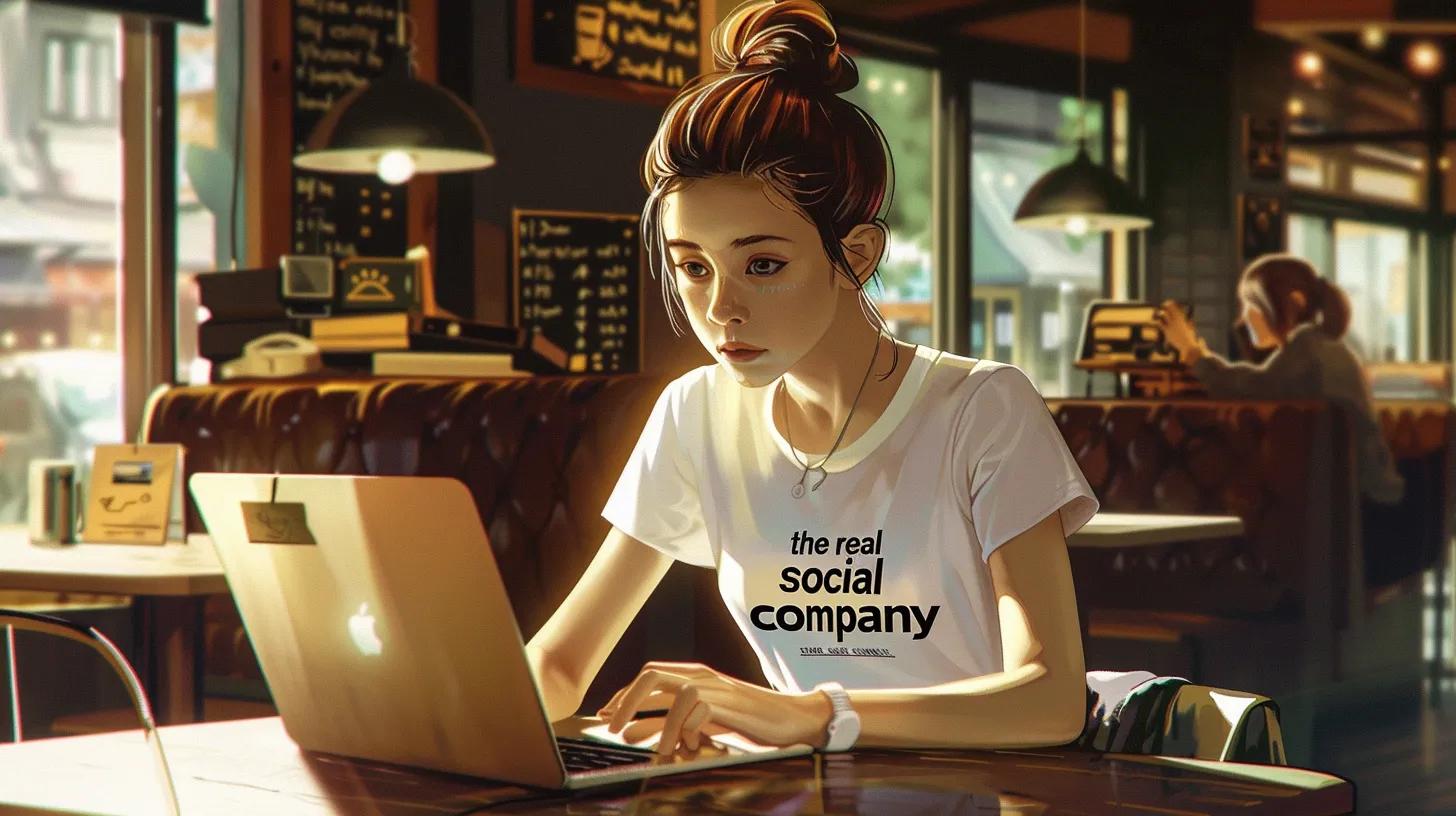 a focused anime-style portrait of a young woman in a modern coffee shop, intently working on a laptop adorned with code snippets, surrounded by sleek furnishings, with her t-shirt boldly stating - The Real Social Company - Social Media Managment - Web Design a focused anime-style portrait of a young woman in a modern coffee shop, intently working on a laptop adorned with code snippets, surrounded by sleek furnishings, with her t-shirt boldly stating