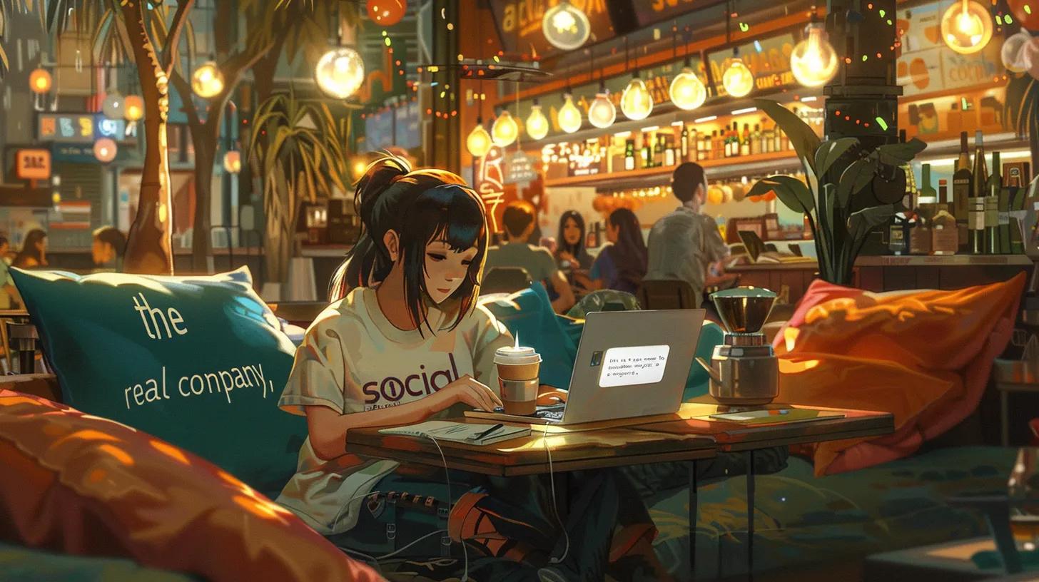 a focused anime-style girl in a bustling coffee shop, intently working on her laptop amidst colorful cushions, with her t-shirt proudly displaying - The Real Social Company - Columbus Web Design, SEO, Social a focused anime-style girl in a bustling coffee shop, intently working on her laptop amidst colorful cushions, with her t-shirt proudly displaying