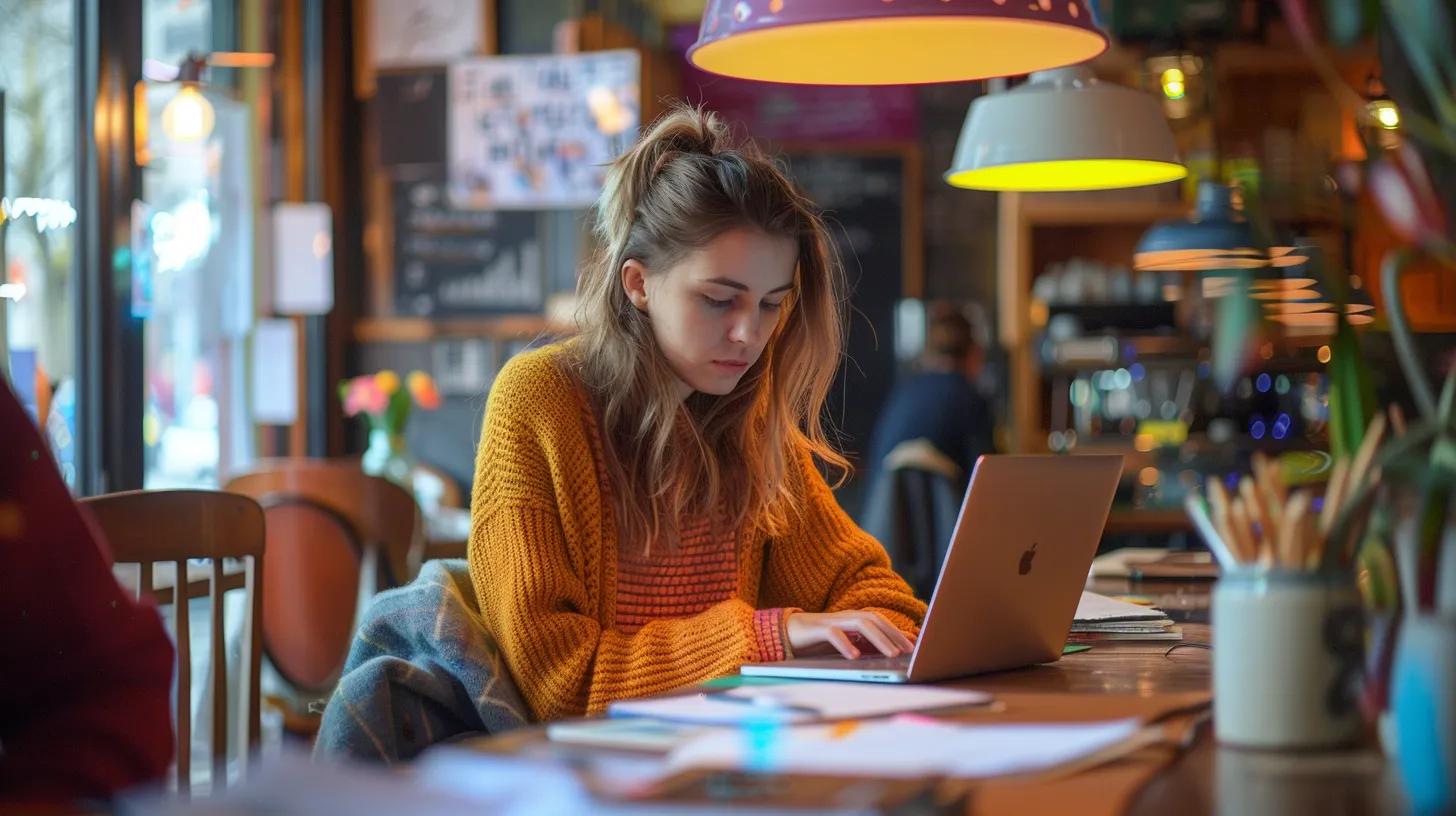 a focused girl in a vibrant coffee shop, intently working on her laptop, surrounded by colorful branding materials and digital strategy notes, embodies the spirited preparation for an affordable website launch. - The Real Social Company - Social Media Managment - Web Design a focused girl in a vibrant coffee shop, intently working on her laptop, surrounded by colorful branding materials and digital strategy notes, embodies the spirited preparation for an affordable website launch.