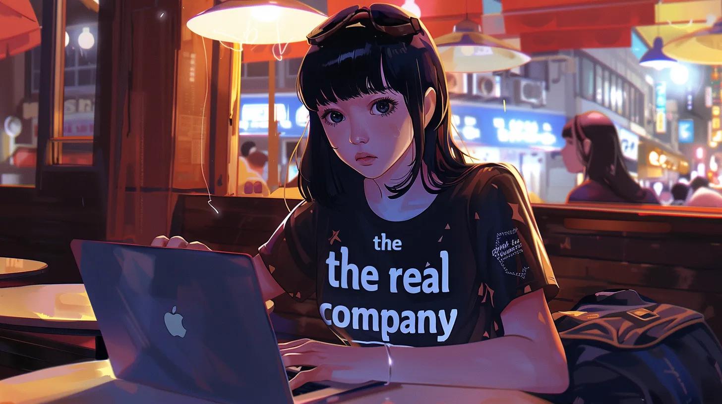 a focused girl in an anime style sits at a stylish coffee shop table, intently working on her laptop with a vibrant design featuring - The Real Social Company - Social Media Managment - Web Design a focused girl in an anime style sits at a stylish coffee shop table, intently working on her laptop with a vibrant design featuring